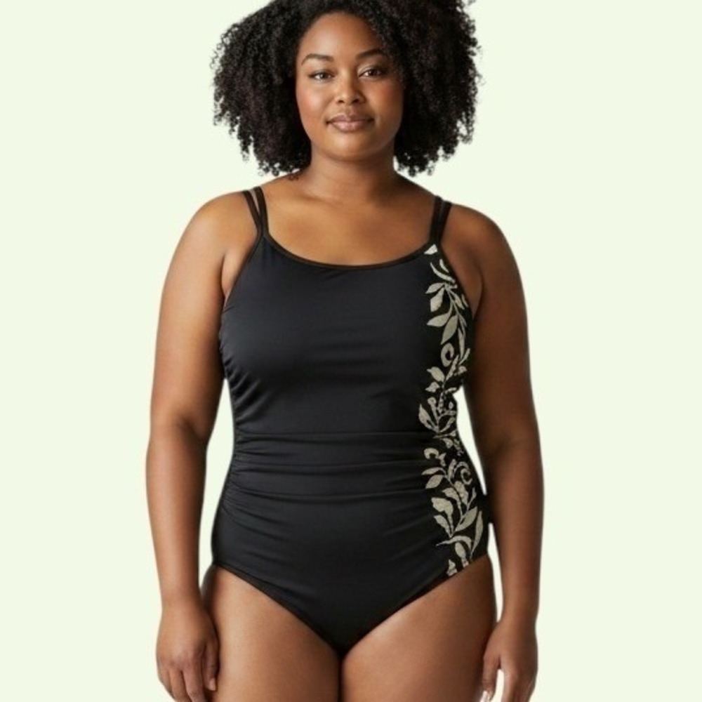 Miraclesuit One Piece Swimsuit‎ Black Gold Cream Leaf Ruched Slimming Elegant 16